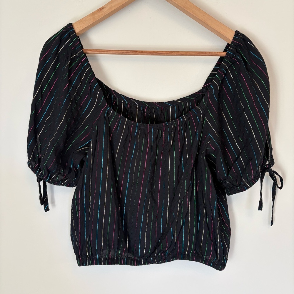 Express Metallic Glitter Rainbow Stripes Off the Shoulder Crop Top Black Medium